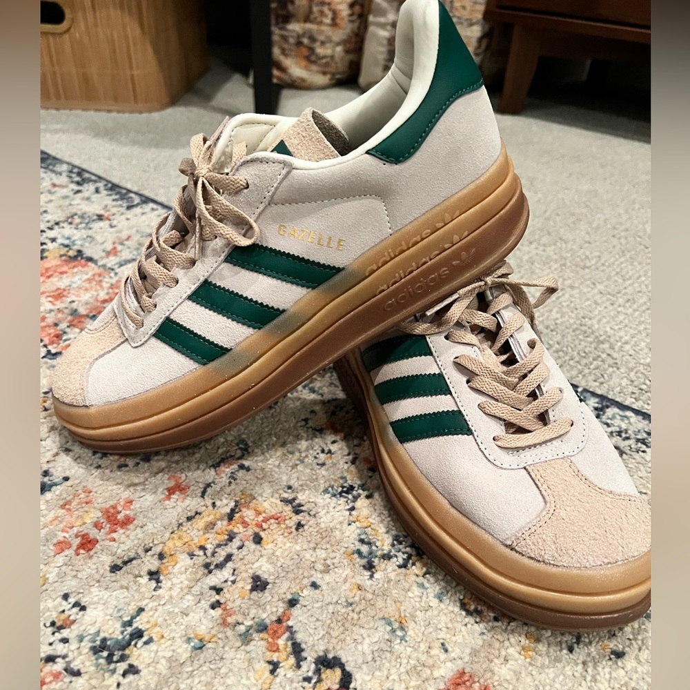 Adidas Gazelle Bold Cream and Collegiate Green Mens 8.5/Womens 10-11